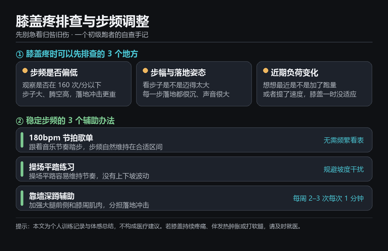 膝盖疼排查与步频调整信息图：膝盖疼时可以先排查的 3 个变量（步频是否偏低、步幅与落地姿态、近期负荷变化），以及稳定步频的 3 个实用抓手（180bpm 节拍歌单、操场平路练习、靠墙深蹲辅助）