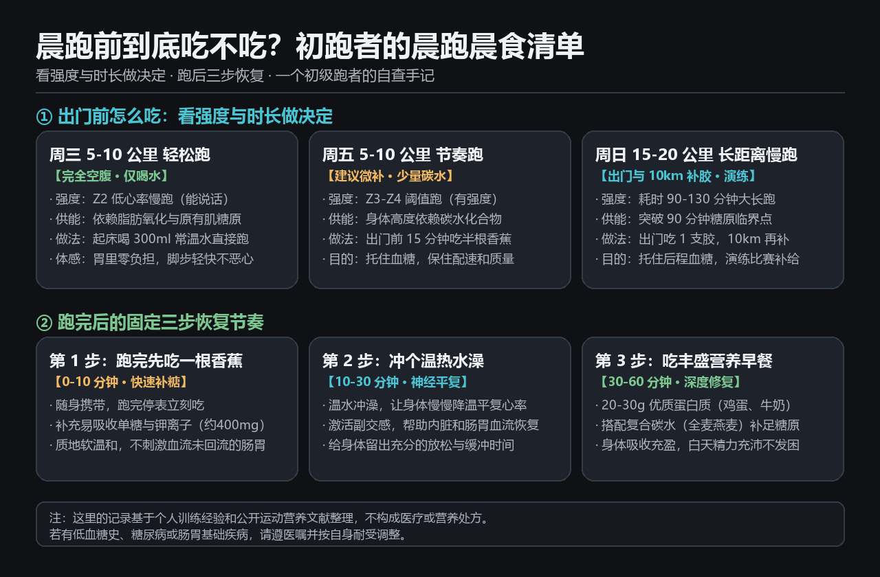 晨跑前到底吃不吃：按强度和时长决策的晨跑晨食清单与跑后三步恢复流程