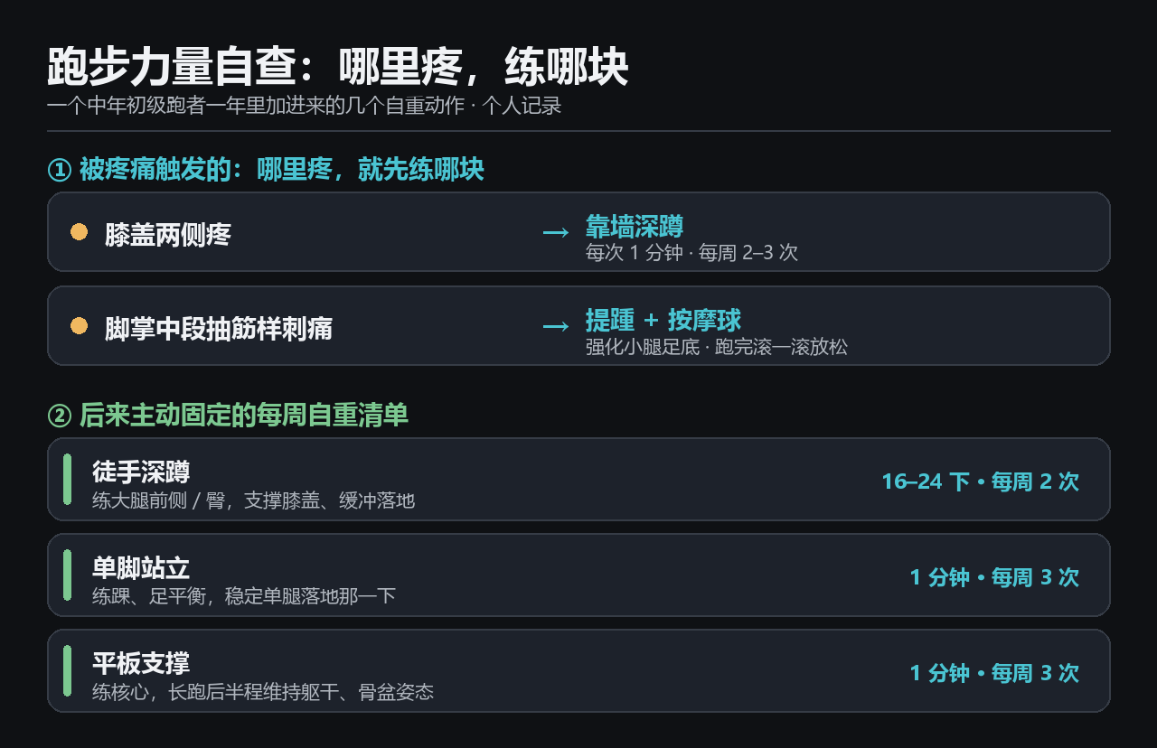 跑步力量自查信息图：被疼痛触发的部分，膝盖两侧疼对应靠墙深蹲（每次 1 分钟、每周 2-3 次），脚掌中段抽筋样刺痛对应提踵和按摩球；后来主动固定的每周清单，徒手深蹲 16-24 下每周 2 次、单脚站立 1 分钟每周 3 次、平板支撑 1 分钟每周 3 次。