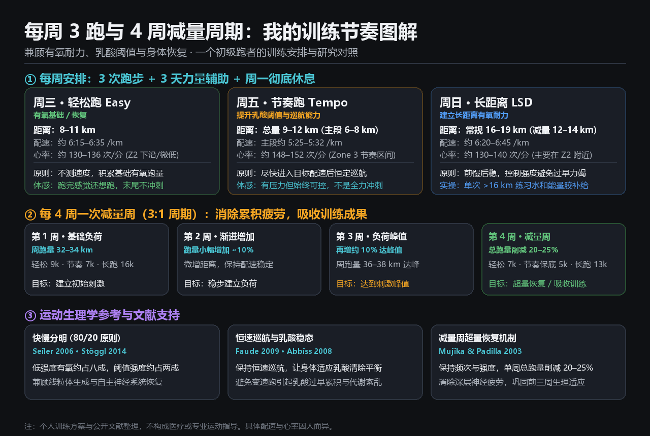 每周 3 跑与 4 周减量周期训练节奏全景图：涵盖周三轻松跑、周五节奏跑、周日长距离慢跑及第 4 周减量安排与底层科学依据